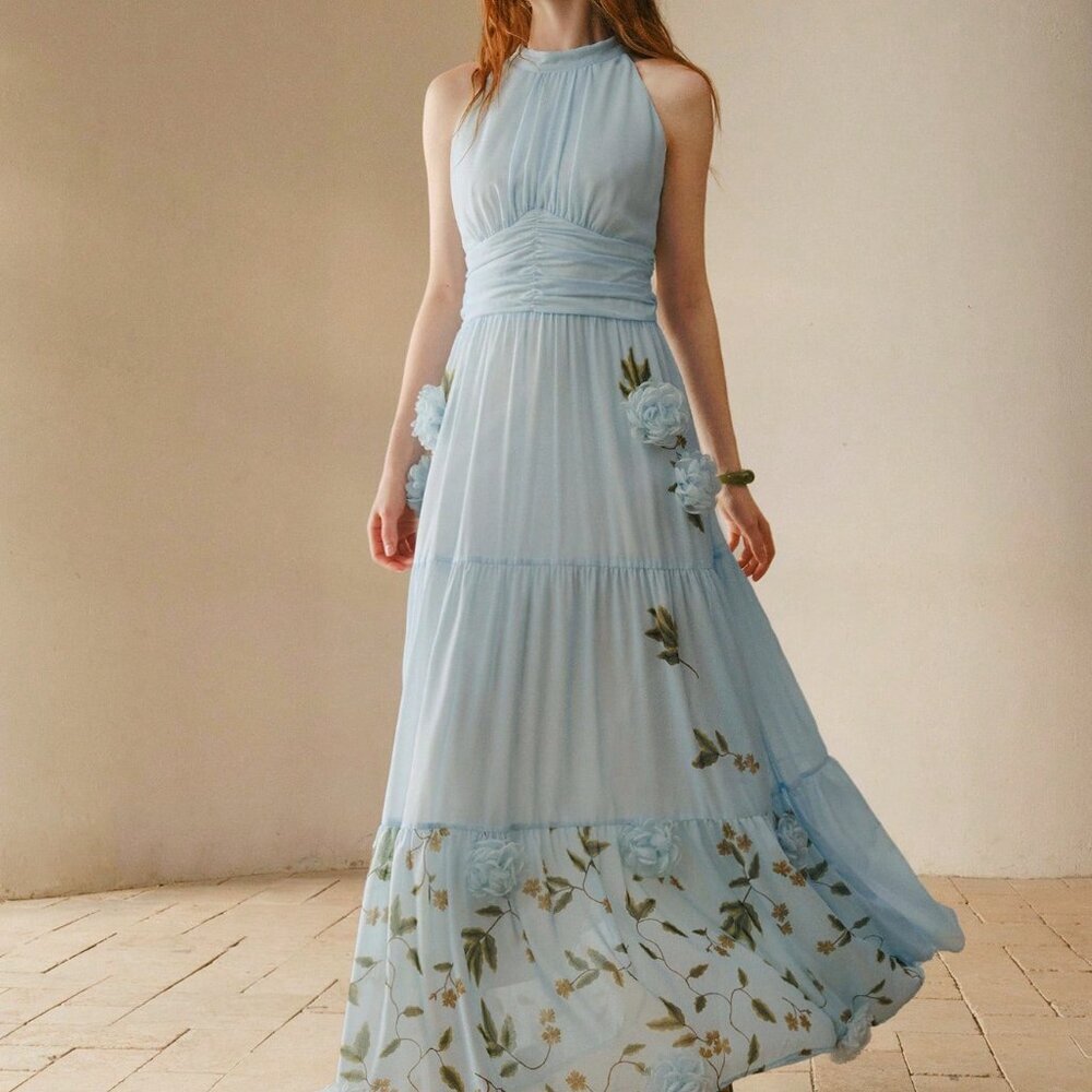 Baby Blue Boho Women's Ruched Halter Neck 3d Floral Dress - Picture 4 of 6
